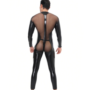Sexy Black Faux Leather Bodysuit for Men / Male Front and Back Mesh Transperant Jumpsuit - EVE's SECRETS